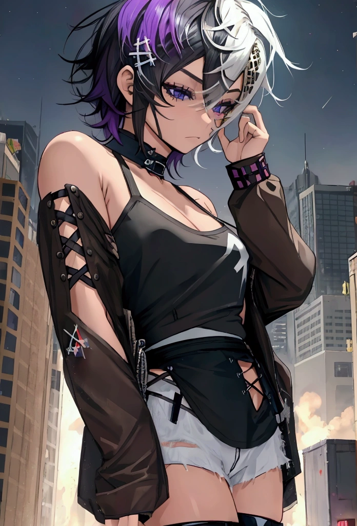 streaked_hair,multicolored_hair,purple hair,black hair,cross-laced_clothes,hairpin,star(symbol),cross-laced_corset,short hair,side view, GtsGiga, giantess art,Rampage, bare shoulder,croptop, leopard print legging,gaudy,neon sun visor,large bosom