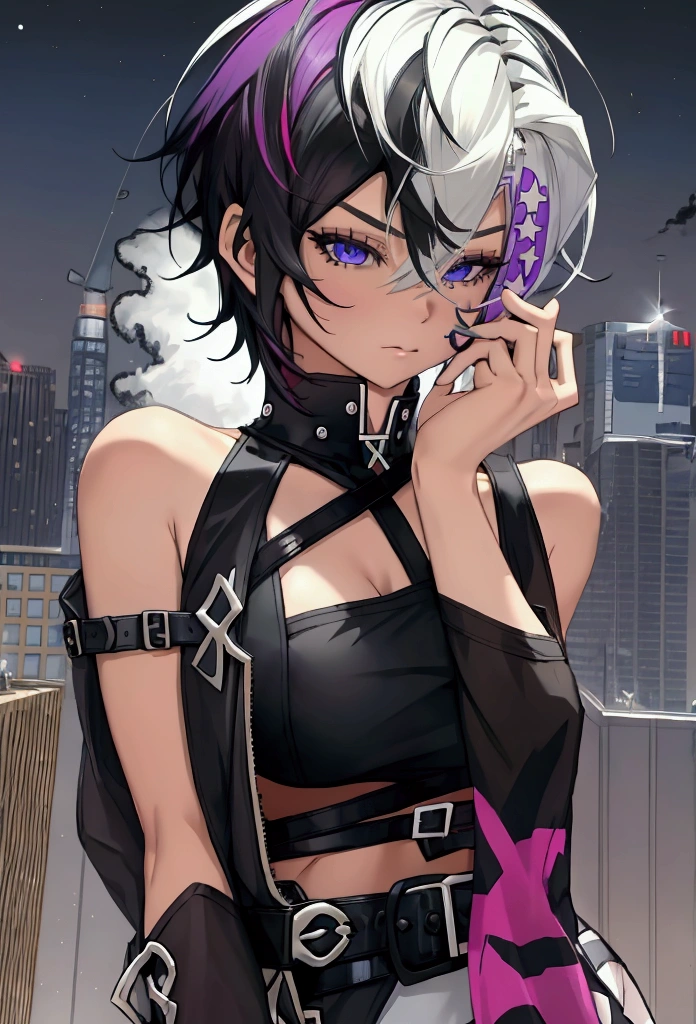 streaked_hair,multicolored_hair,purple hair,black hair,cross-laced_clothes,hairpin,star(symbol),cross-laced_corset,short hair,side view, GtsGiga, giantess art,Rampage, bare shoulder,croptop, leopard print legging,gaudy,neon sun visor,large bosom