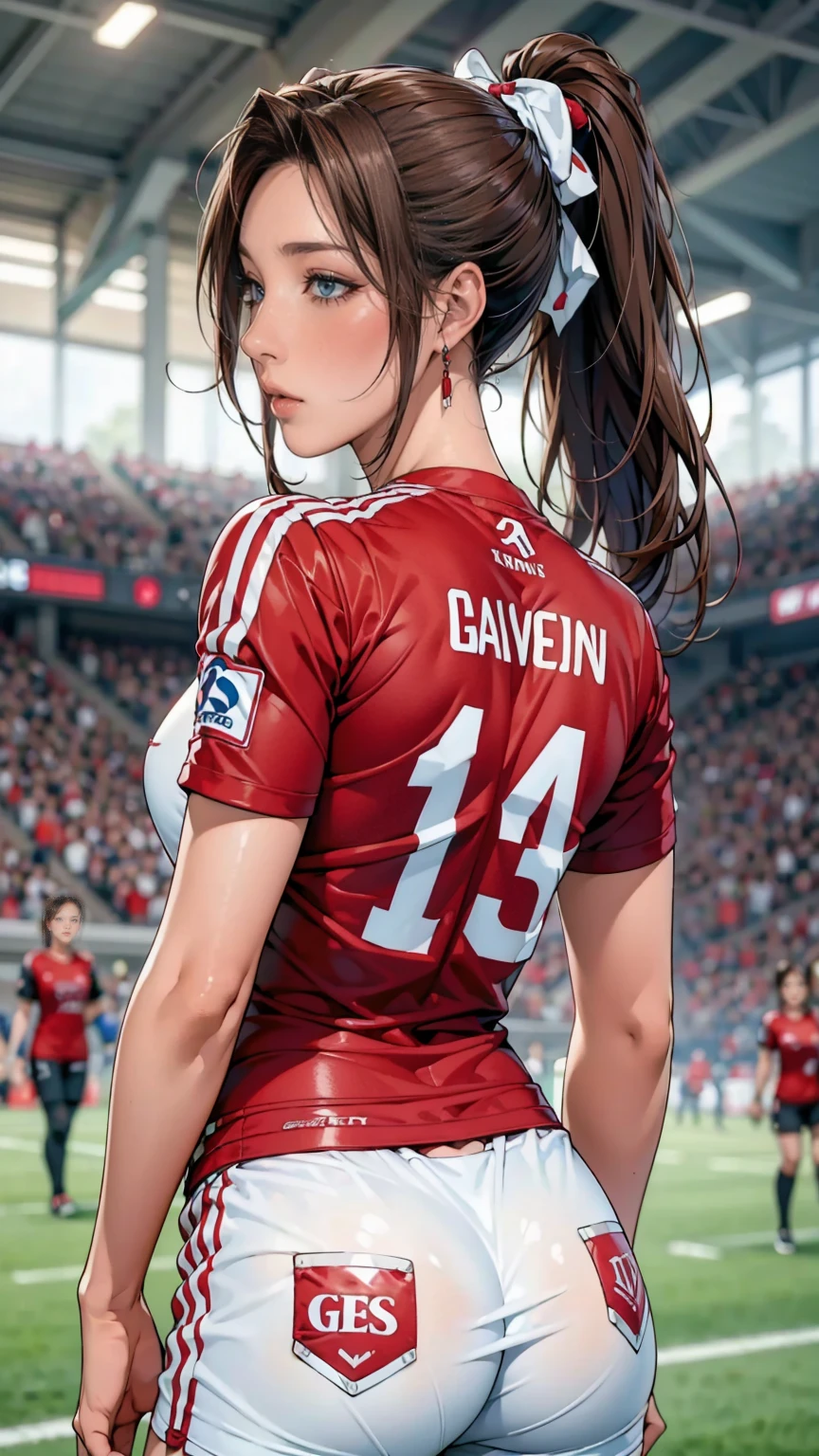 (highest quality, masterpiece:), ultra-high resolution, football stadium, Korean gravure model, 24 years old, remove censorship, ribbon, tight, back shot:1.5, looking back over the shoulder:1.5, wearing uniform, hig h le g, giga ntic breas ts, puf fy nipple:1.4, skin ny, ban gs, long hair, brown hair, ponytail, choppy hair, unkempt hair:1.2, gorgeous earrings, beauty, embarrassed, blush:1.3, mature woman,