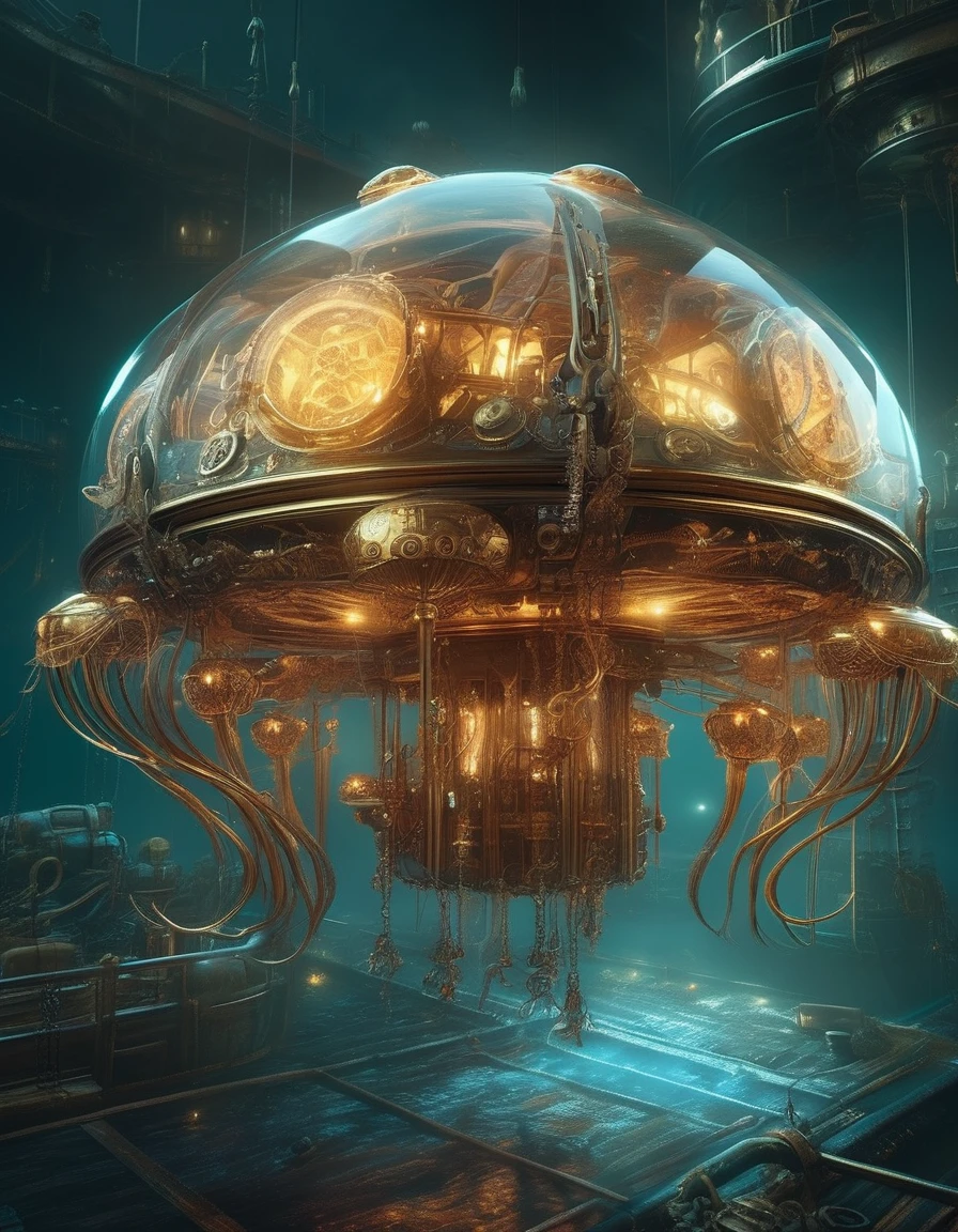 Steampunk mechanical jellyfish swimming underwater、Exquisite mechanical details、Glowing bioluminescent tentacles、Powerful Propulsion System、Advanced Weapons and Defenses、Hall々A commanding presence、Dramatic lighting、Dark and futuristic color palette、Highly detailed 3D rendering、Cinematic composition、Concept Art Style