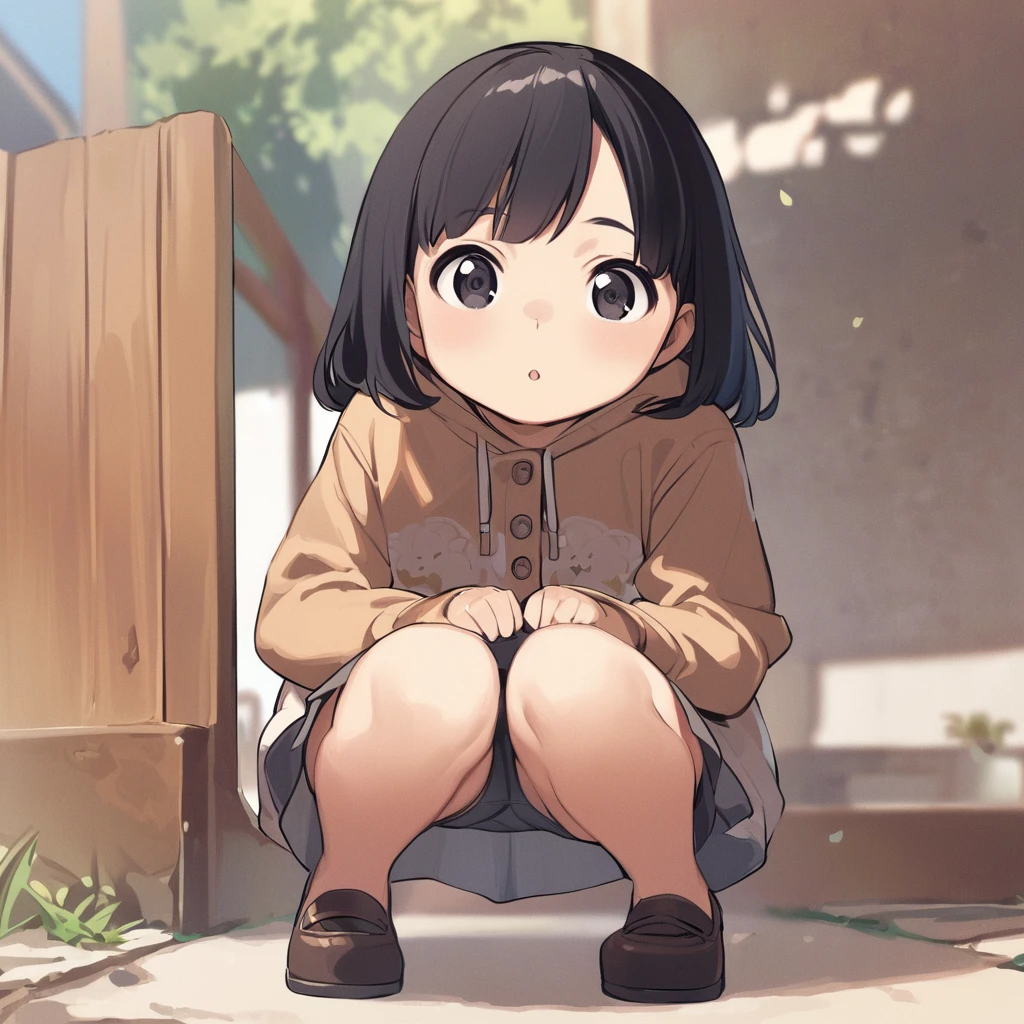 cowboy_shot,1-girl,young_child,(petite),black hair,squatting,pantyshot