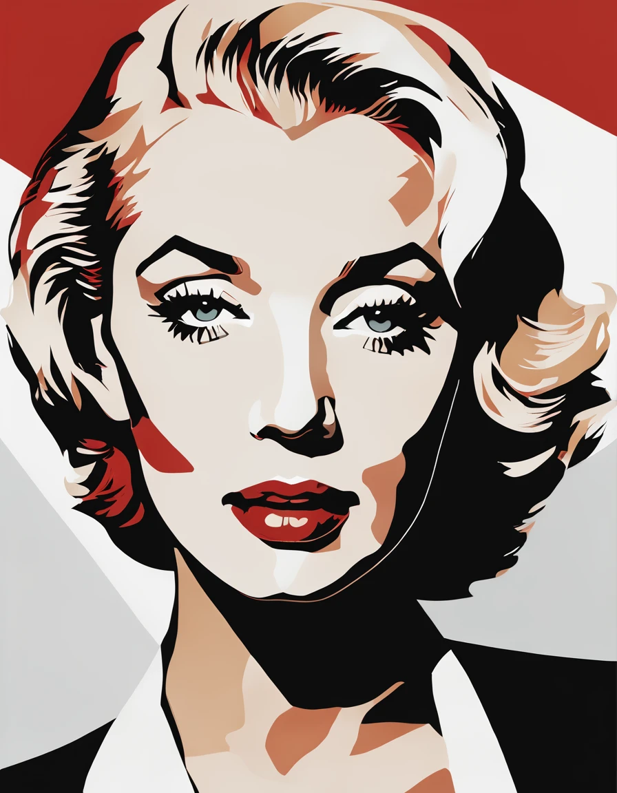 portrait of Marilyn Monroe celebrity using simple shapes and a red black blonde limited color palette multiple figures 