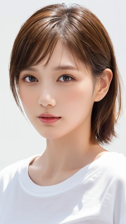 (Highest quality、8k、32K、masterpiece)、(Realistic)、(Realistic:1.2)、(High resolution)、Very detailed、Very beautiful face and eyes、1 girl、Round and small face、Tight waist、Delicate body、(close、Highest quality、Attention to detail、Rich skin detail)、(Highest quality、8k、Oil paints:1.2)、Very detailed、(Realistic、Realistic:1.37)、Bright colors、(((blush)))、(((I am brunette)))、(((From the chest up)))、((short hair、ponytail))、(((Pure white wall background)))、(((She is wearing a white T-shirt)))、jeans、(((Pure white wall background)))、(((It is a short-sleeved T-shirt)))、No makeup、No makeup