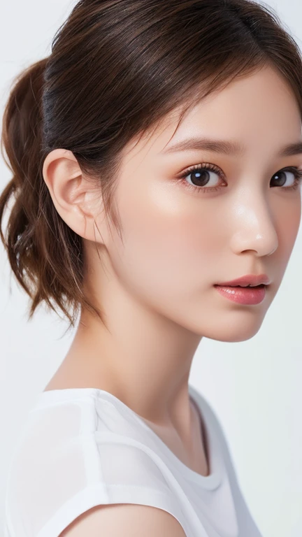 (Highest quality、8k、32K、masterpiece)、(Realistic)、(Realistic:1.2)、(High resolution)、Very detailed、Very beautiful face and eyes、1 girl、Round and small face、Tight waist、Delicate body、(close、Highest quality、Attention to detail、Rich skin detail)、(Highest quality、8k、Oil paints:1.2)、Very detailed、(Realistic、Realistic:1.37)、Bright colors、(((blush)))、(((I am brunette)))、(((From the chest up)))、((short hair、ponytail))、(((Pure white wall background)))、(((She is wearing a white T-shirt)))、jeans、(((Pure white wall background)))、(((It is a short-sleeved T-shirt)))、No makeup、No makeup