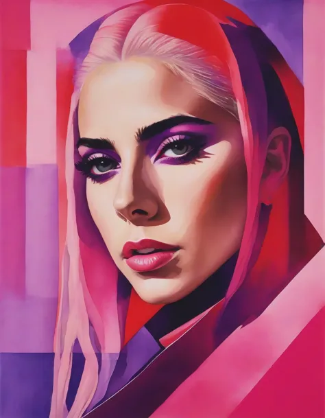 portrait of lady gaga celebrity using simple shapes and a pink red purple limited color palette multiple figures singer social r...