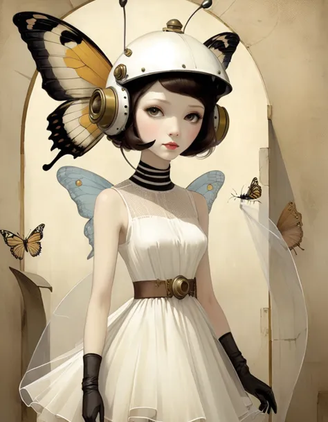 Helmet＿Butterfly wing gimmick＿White sheer dress＿Mechanical fairy、(Gabriel Pacheco Style page)、DonMSt34mPXL