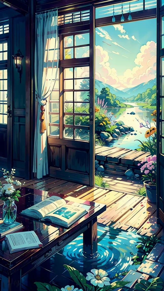 This image is、緑豊かな景色と外の静かなlakeを望む、It depicts an idyllic and peaceful indoor environment.。. The large windows with multiple panes of glass offer a beautiful view.; Sunlight pours in、Lighting up the room. 透明な水が入った水槽がwood製の机の上に置かれている; internal, Green aquatic plants flourish、An orange fish is swimming. Various items are organized on the desk.: Pencil in holder, thesis, Book, Other miscellaneous goods. A Bookhelf filled with Book is visible to the right of the window; This indicates that the space is often used for reading and studying.. 壁はwoodでできており、It exudes a rustic yet cozy atmosphere.。. Out of the window, Under a sky dotted with fluffy white clouds、明るい緑の葉のwood々が静かなlakeを囲んでいる。.dream catcher, Neon Garland, Colorful wreath, highlight, Great interior, View from the window,Pool, Mountain々, Flowers, Dawn, Lots of light, Digital Art ,Warm color scheme,Complementary Color,high value and high saturation colors for the foreground elements like Book,table,Chair ,Light and desaturated colors for background elements, wood々Such, lake, and the sky, Miyazaki style