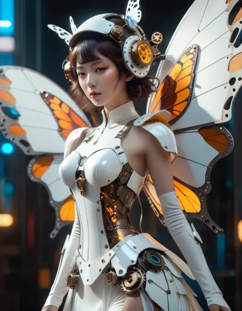 a beautiful cyberpunk fairy, mechanical body, butterfly wing helmet, white flowing dress, highly detailed, intricate gears and m...