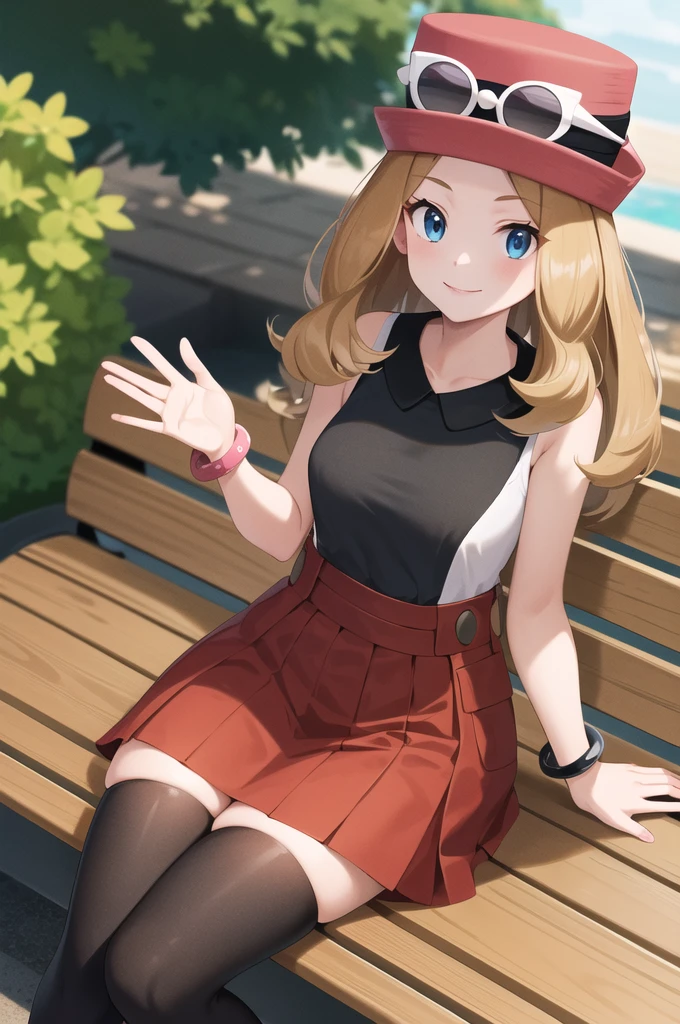 masterpiece, best quality, highres, aaserena, solo, long hair, eyewear on headwear, pink headwear, eyelashes, blue eyes, sleeveless shirt, black shirt, bracelet, high-waist skirt, red skirt, black thighhighs, sitting, smile, waving, bench, outdoors