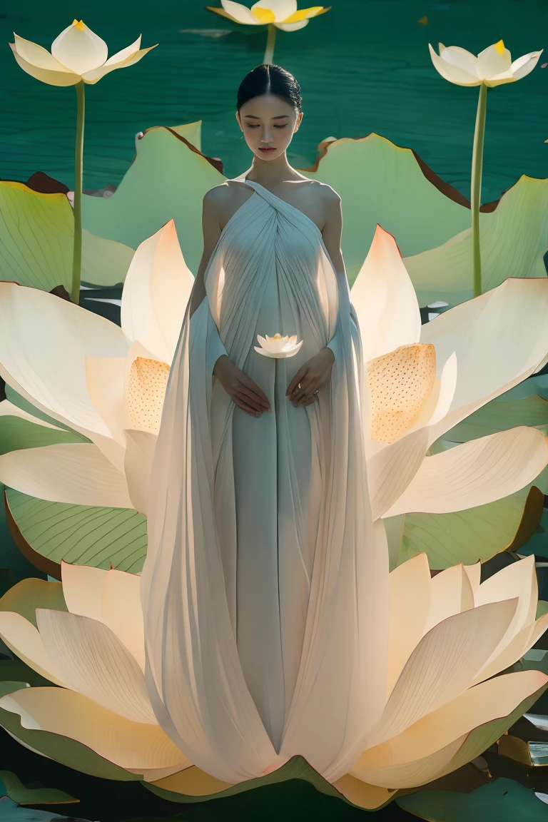 Axisymmetric:2，Front view，Symmetrical composition，Light pink and light white,Full body female,  White background, Natural Lighting, Lighting Effects, The Minimalists, elegant, Pure tenderness, Soft lighting, Realistically. woman (clavicle, Shoulders,) Place in (pray and stand) super giant lotus，The petals are big and long (The petals are very thin, Soft gauze, Full background of flowing petals, Floating petals, Super Flying Petals, Smoke and petals mixed effect), lotus dress,((view)).lotus_leaf_Fairy，Anatomically correct，((best quality)), ((masterpiece)), ((Practical))