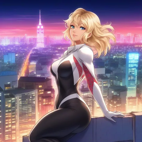 anime artwork a full body blond woman wears a bodysuit on top of a building, night, city lights background  . anime style, key v...