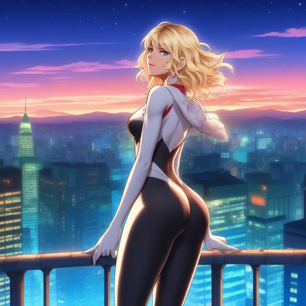 anime artwork a full body blond woman wears a bodysuit on top of a building, night, city lights background  . anime style, key visual, vibrant, studio anime,  highly detailed,grabbing your own ass