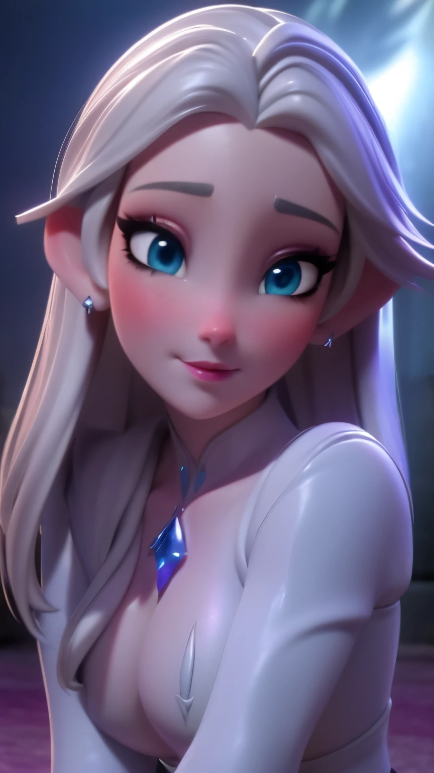 elsa, (perky breasts), (((small breasts))), affected smile:1.2, beautiful blue eyes, (perfect iris), depth of color in your eyes, by rubio, by the wide, braid, full lips, blush, naked, she is showing her vagina, depth of field, bokeh, (Special attention to leather details.: 1.2), masterpiece, Best Quality, ultra detailed, ultra HD, photorealistic, cinematographic, ((Medium camera shot)), sensual pose, seductive, Nipples:1.4, looking to the camera, closeup of his face, her cheeks are blushed, 22 years, she is on her knees, eye contact:1.4, Angle elevation:1.5, ((Closeup on face)), perfect face, (((visible breasts))) bokeh everything other than her perfect face, The location is Arendelle in winter., ice castle