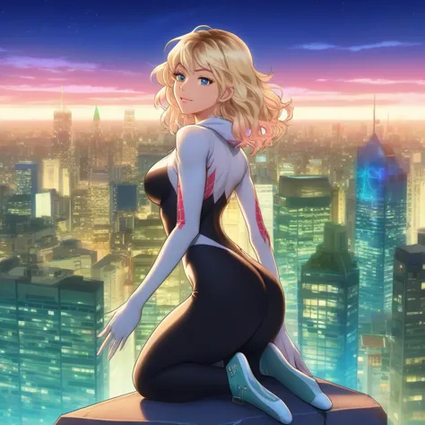 anime artwork a full body blond woman wears a bodysuit on top of a building, night, city lights background  . anime style, key v...