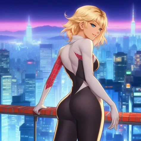 anime artwork a full body blond woman wears a bodysuit on top of a building, night, city lights background  . anime style, key v...