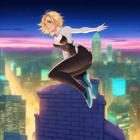 anime artwork a full body blond woman wears a bodysuit on top of a building, night, city lights background  . anime style, key v...