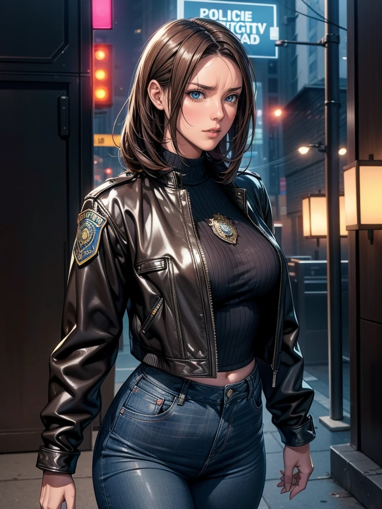 Portrait of a beautiful female model natlp, Georgia Fowler, Beautiful Face, Short dark brown hair, Cyberpunk city at night. She is wearing a leather jacket, Black jeans, Dramatic lighting, (Police Badge:1.2)