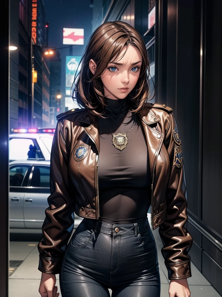 Portrait of a beautiful female model natlp, Georgia Fowler, Beautiful Face, Short dark brown hair, Cyberpunk city at night. She is wearing a leather jacket, Black jeans, Dramatic lighting, (Police Badge:1.2)