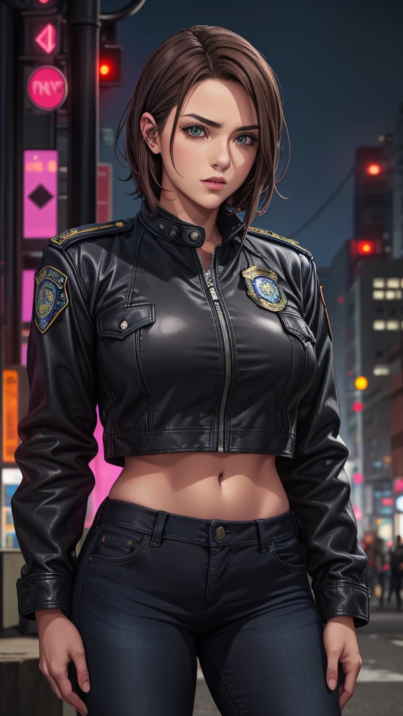 Portrait of a beautiful female model natlp, Georgia Fowler, Beautiful Face, Short dark brown hair, Cyberpunk city at night. She is wearing a leather jacket, Black jeans, Dramatic lighting, (Police Badge:1.2)