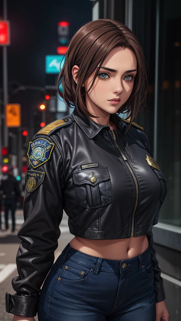 Portrait of a beautiful female model natlp, Georgia Fowler, Beautiful Face, Short dark brown hair, Cyberpunk city at night. She is wearing a leather jacket, Black jeans, Dramatic lighting, (Police Badge:1.2)