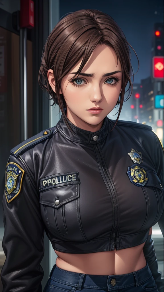 Portrait of a beautiful female model natlp, Georgia Fowler, Beautiful Face, Short dark brown hair, Cyberpunk city at night. She is wearing a leather jacket, Black jeans, Dramatic lighting, (Police Badge:1.2)