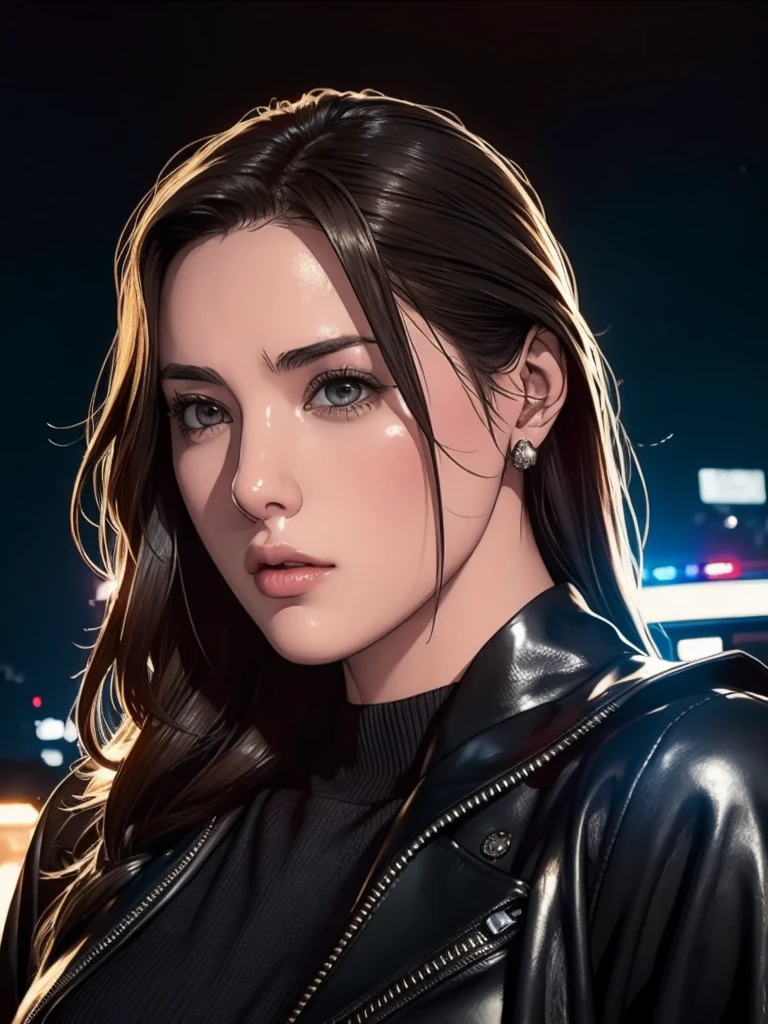 Retrato de una hermosa modelo femenina natlp, georgia fowler, Hermoso rostro, Pelo castaño oscuro corto, Ciudad Cyberpunk de noche. Ella lleva una chaqueta de cuero., jeans negros, iluminación dramática, (Placa de policía:1.2)