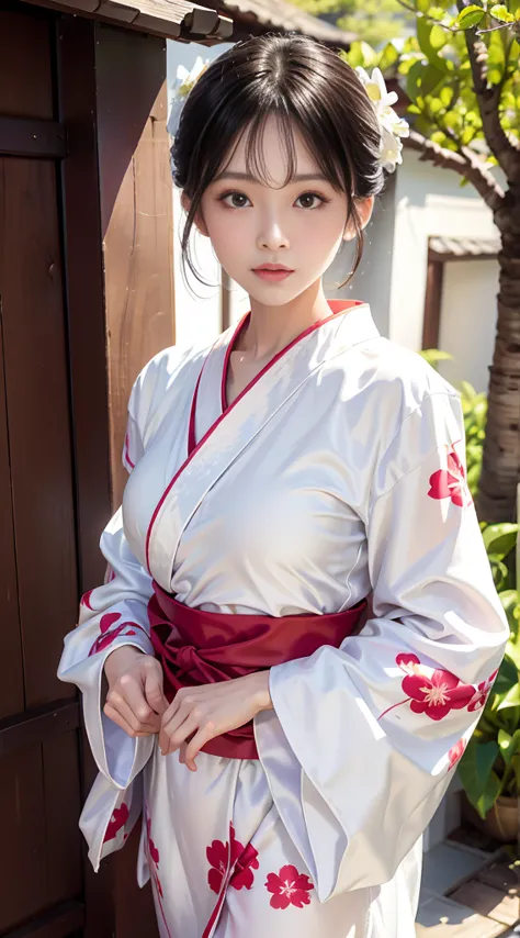 an arafi asian woman wearing a kimono standing in front of the door, white hanfu, wearing white silk robe, wearing silver silk r...