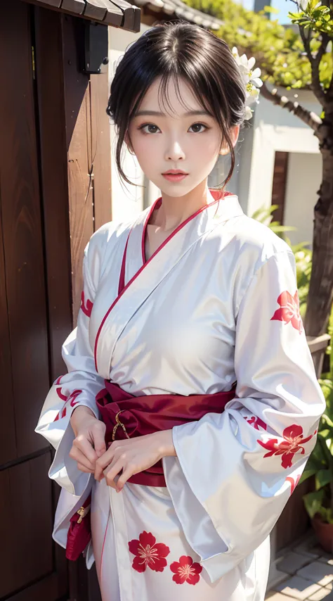 an arafi asian woman wearing a kimono standing in front of the door, white hanfu, wearing white silk robe, wearing silver silk r...