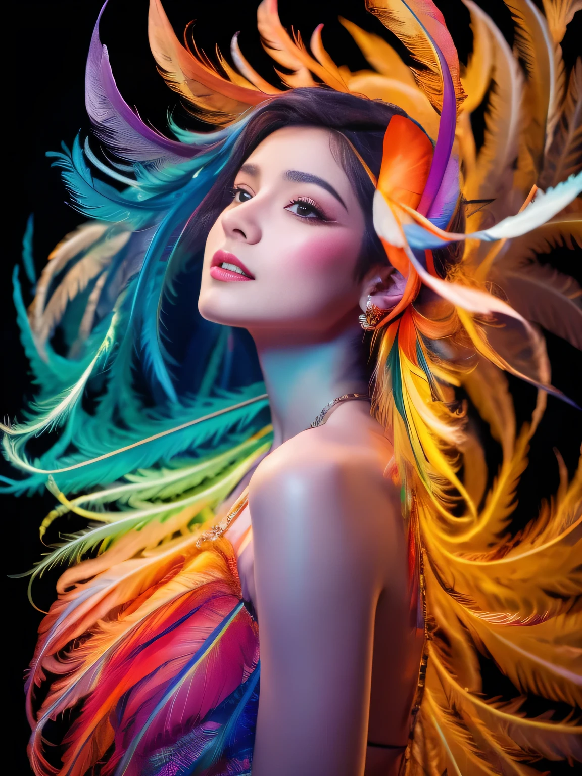 (masterpiece, Highest quality, Highest quality, Official Art, beautifully、beautiful:1.2), (One Girl:1.3), Very detailed,(Fractal Art:1.3),(colorful:1.5)(Flowers:1.3),Most detailed,(Tangled:1.2), whole body, (Abstract background:1.3), (Glowing Skin), (Many colors:1.4), ,(Earrings), (feather:1.5),