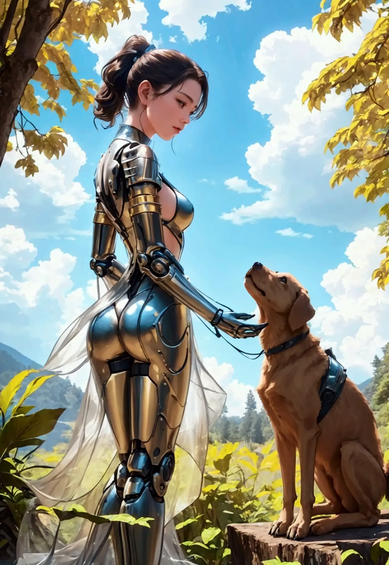 a mechanical girl and her dog with mechanical legs, through a vast and beautiful landscape , surrounded by lush nature, extreme ...