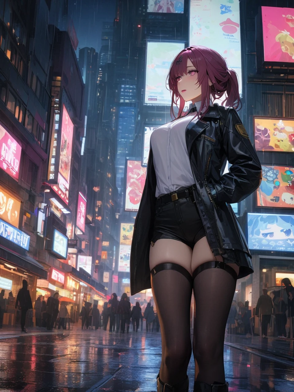 (1 girl), masterpiece, photoactual, 8k, (actual: 1.2), whole body, looking at the audience, knee-high tights, Aqua blue hair, (Kafka: 1.2), pedestrian mall, beauty, (Medium breasts: 1.3) night, night sky, City, Cityscape, rain, (Dramatic: 1.2)