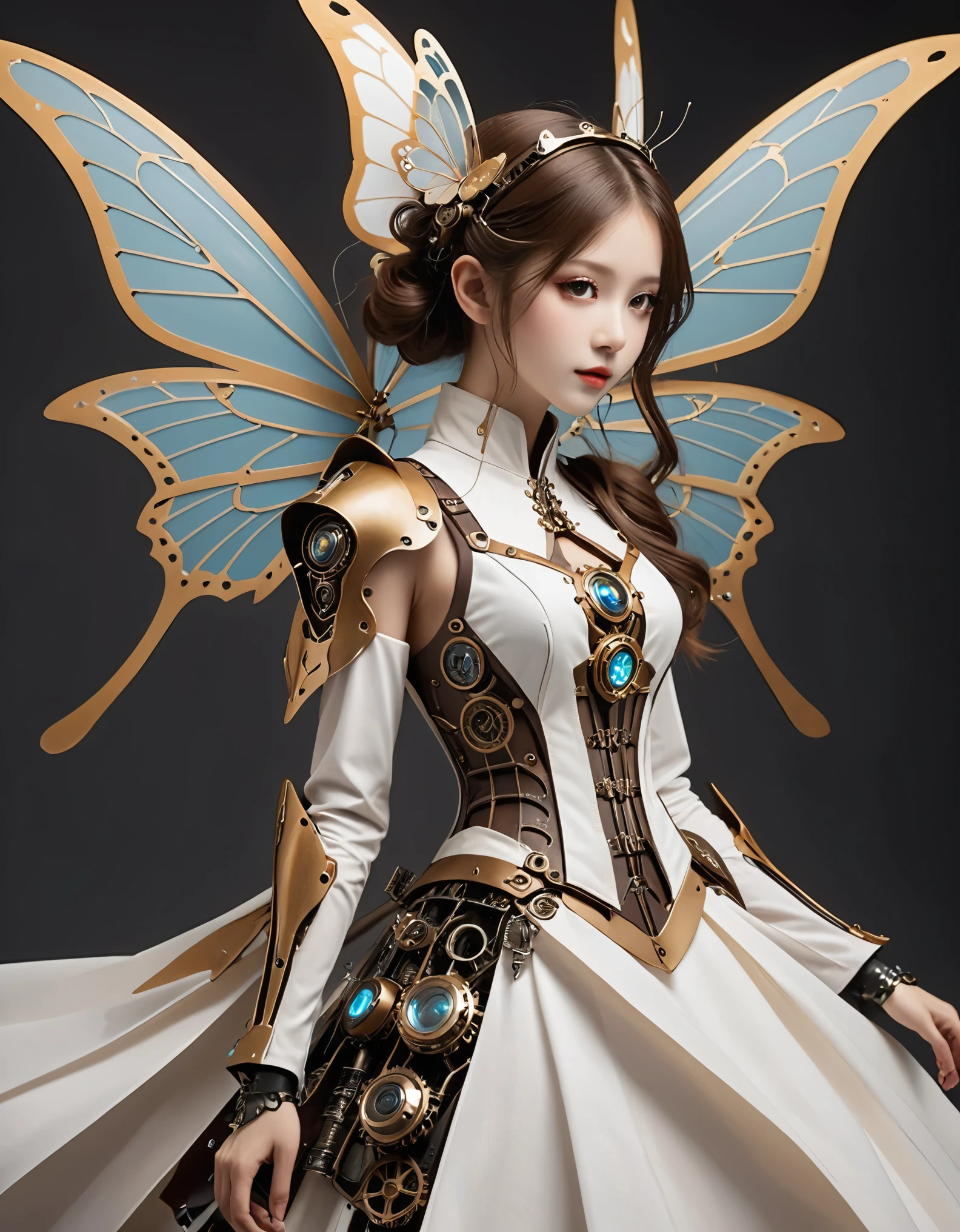 Detailed skinheads＿Beautiful steampunk fairy、Precision Gears、Detailed mechanical body、Detailed mechanical limbetal skin、A big butterfly wing gimmick、white flowy dress、(Gabriel Pacheco Style page)、mecha