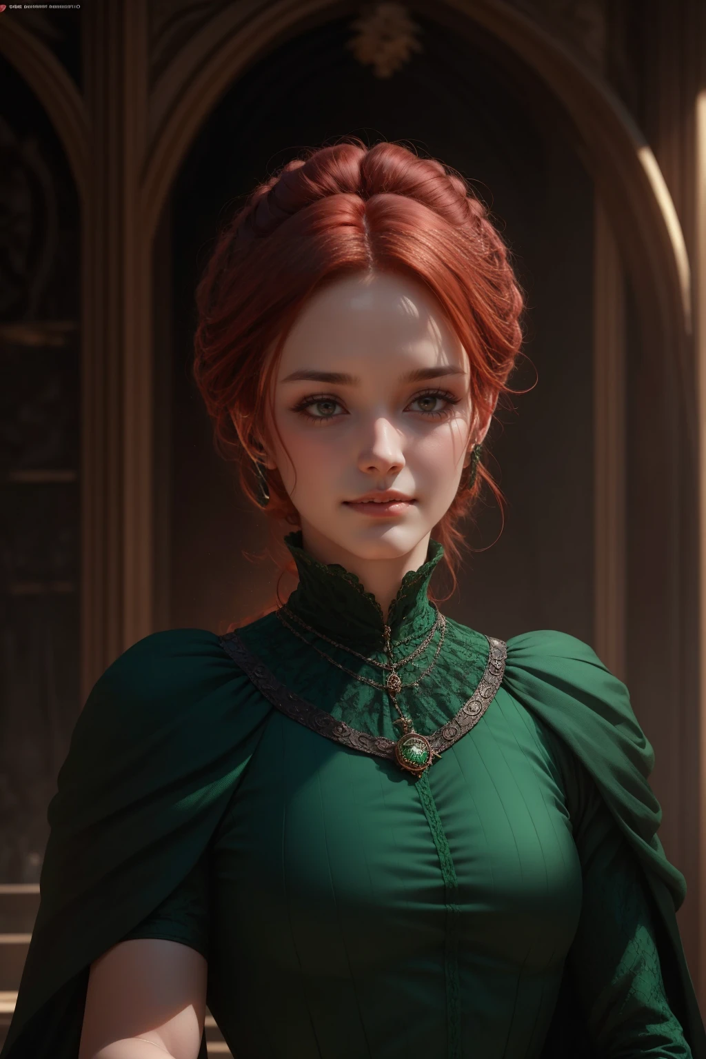 {-erro_de_anatomia:1.0} woman 40 years old, victorian era, queen clothes, (green dress), dark castle, a woman (alicent hightower), meddium dark red hair (dark red hair), (brown eyes) . Indifferent look , merciless. among the dragons, dinamic poses, egoist smile, upper body,