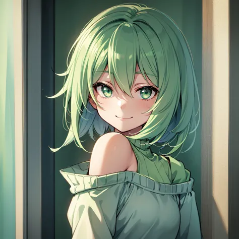 1 girl, Mint green hair, short hair, shoulder length hair, Mint green hair, fluffy hair, green eyes, green sweater, smiling, fri...