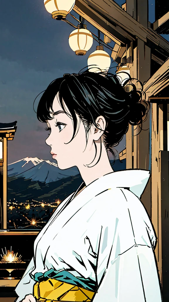 A fair-skinned girl in a traditional Japanese yukata, her black hair in a profile view, standing in a shrine at night, surrounded by the warm glow of lanterns and the vibrant colors of fireworks exploding in the sky above Mount Fuji.

(best quality,4k,8k,highres,masterpiece:1.2),ultra-detailed,(realistic,photorealistic,photo-realistic:1.37),1girl,fair skin,black hair,profile,yukata,shrine,night,lantern light,hanabi,mt.fuji,fireworks,detailed eyes,detailed lips,extremely detailed face,long eyelashes,cinematic lighting,warm color tones,stunning scenery,intricate details