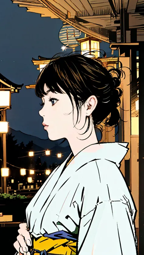 A fair-skinned girl in a traditional Japanese yukata, her black hair in a profile view, standing in a shrine at night, surrounde...