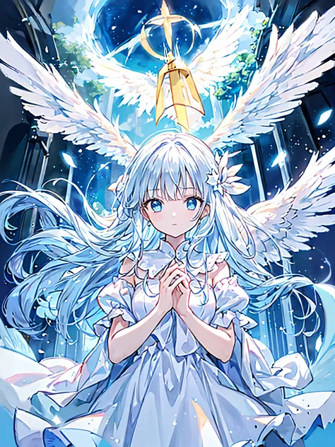 High resolution, Anatomically correct, Long white hair，Blue sauce eyes，Angel Halo，Angel big wings，White dress，Floating about one...