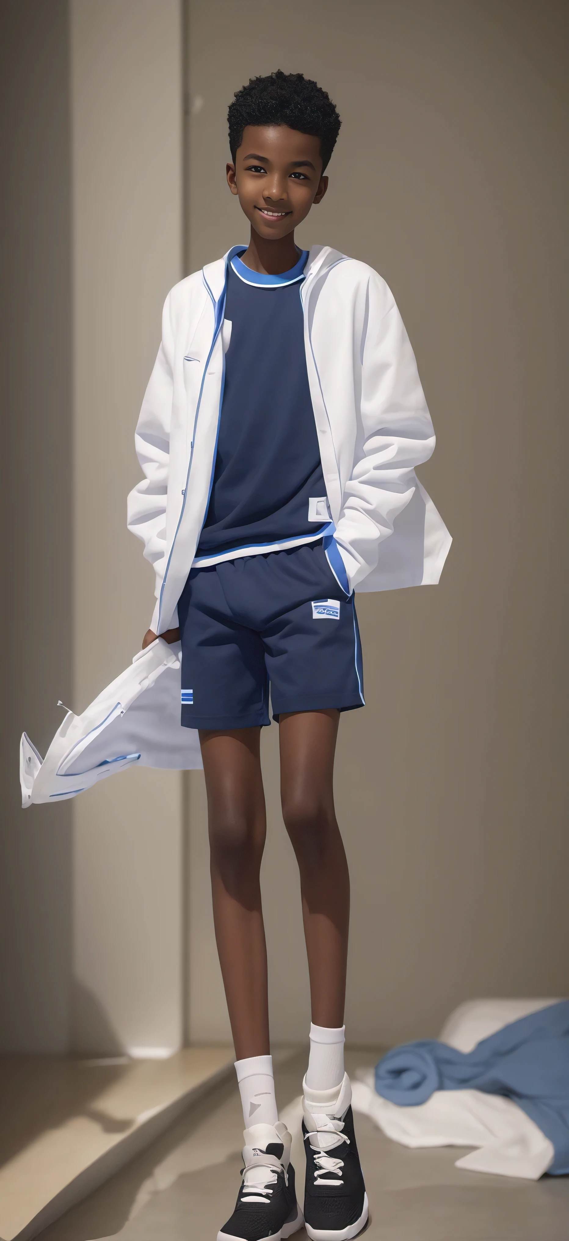 14 year old boy，（Wearing a white coat，Blue T-shirt underwear，Black socks on feet），Dark skin，Big round eyes，short hair，Toothy Smile，Tall and thin