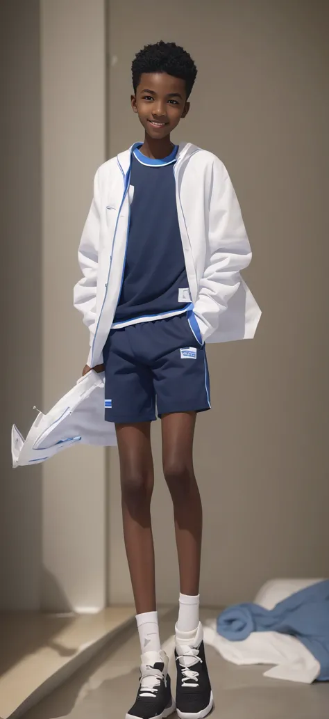 14 year old boy，（Wearing a white coat，Blue T-shirt underwear，Black socks on feet），Dark skin，Big round eyes，short hair，Toothy Smile，Tall and thin