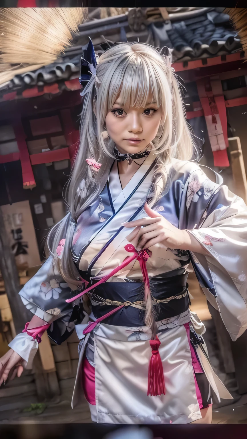 ((vila japonesa:1.5)、Uma ninja mulher com uma faca)、(realista、como uma fotografia、ao vivo、8K, realista, Fotos RAW, Melhor qualidade de imagem: 1.4), Câmera reflex de lente única、Fotos RAW, mais alta qualidade, realista, Highly detailed CG Unity 8K wallpaper, Profundidade do limite escrito, luz cinematográfica, reflexo de lente, Rastreamento de raio, realista background、((Traje de Ninja:1.5、ninja:1.3、KUNOICHI:1.4、quimono)、ninja sexy:1.37、Entre no modo de luta:1.3、Ativando Ninjutsu:1.2、músculos abdominais treinados、seios grandes)、cabelo cinza、cabelo curto、De pé na aldeia、Vila Noturna、((pele de ultra alta densidade))、 1 garota,Cute Kunoichi、(todo o corpo:1.5)、Eu gosto desse estilo、preste atenção aos detalhes、roupa perfeita、(Retrato de lula branca、braço preciso、pés precisos、pés bonitos、Coxas precisas、Corpo anatomicamente correto、vista de cima