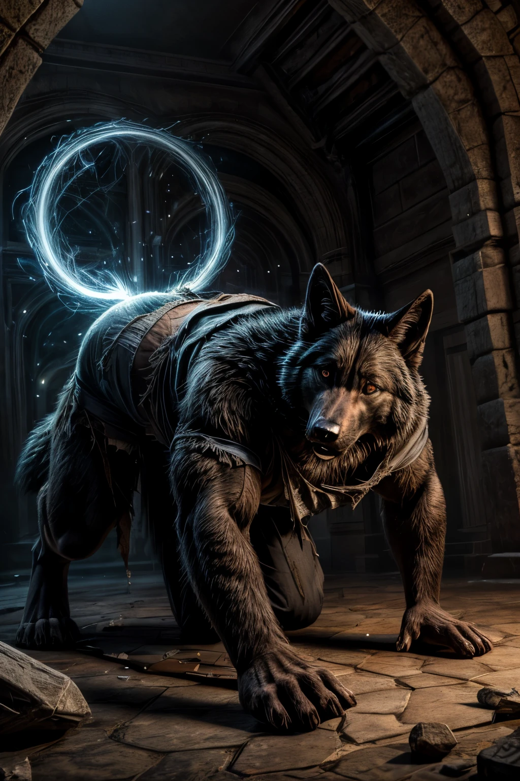 Best quality, masterpiece, ultra high res, black wolf, scared and concerned, on all fours, ripped clothes, magic effects on him, panicking, looking at his paws in fear