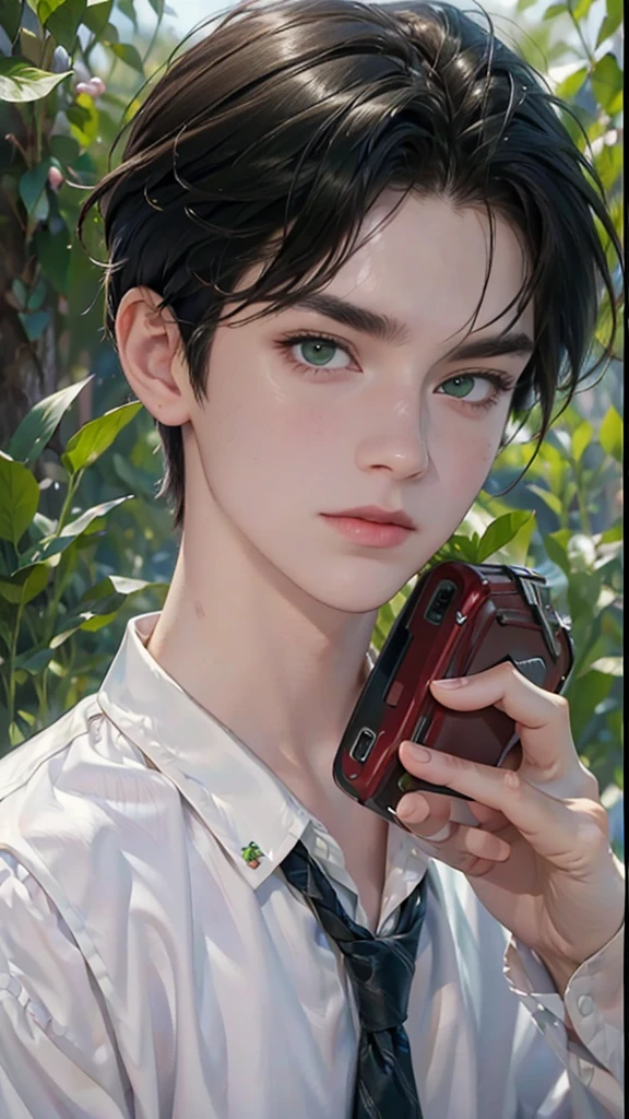 masterpiece: 1.3, best quality: 1.2, 8K, absurd, Extremely detailed: 1.3, Maximum resolution, 1 boy: 1.2, portrait,
, shirt, Dirty black hair, Green Eyes (Very detailed, Pale shiny skin