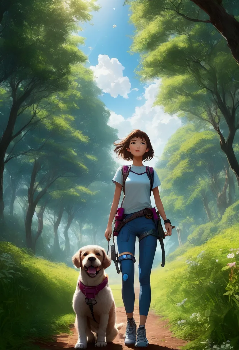 (a girl with mechanically blended legs and a dog with mechanically blended legs), through a vast and beautiful landscape , surro...