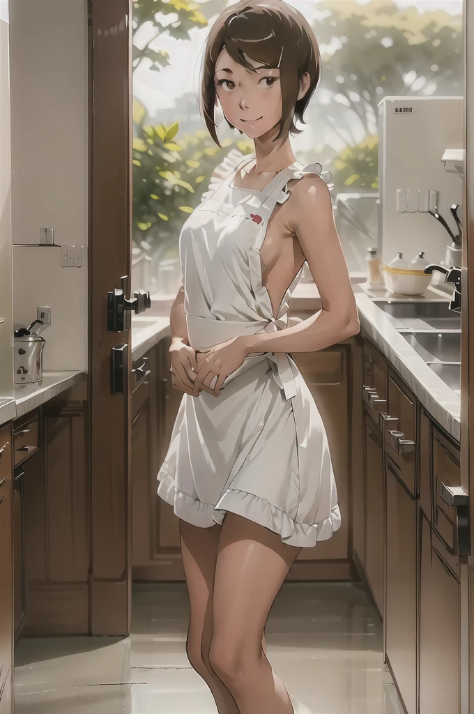 (RAW photo, best quality), masterpiece, an extremely delicate and beautiful, extremely detailed, Amazing, finely detail, extremely detailed, ultra-detailed, highres, beautiful detailed girl, perfect anatomy, look at viewer, smile, 1girl, solo, short hair, brown hair, hair ornament, brown eyes, yagami_hikari, large breasts 