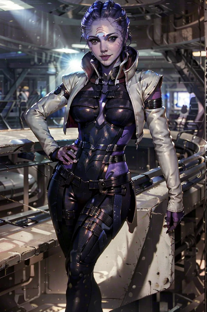 (masterpiece, best quality:1.3) MEAria, Christina Chong beautiful face, narrowed eyes. smirk. black braided hair,, solo, alien, breasts, looking at viewer, smile, medium breasts, standing, full body, high heels, alien, lips, hand on hip, bodysuit, colored skin, cropped jacket, nose, bald, purple skin, purple lips, spotlight
