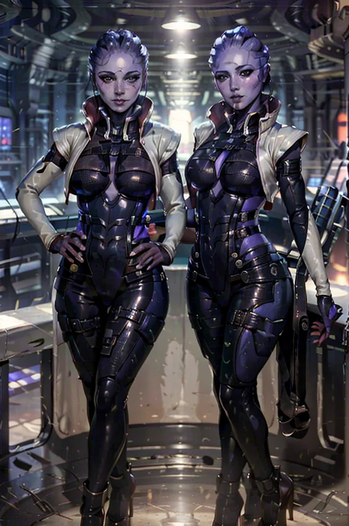 (masterpiece, best quality:1.3) MEAria, Christina Chong beautiful face, narrowed eyes. smirk. black braided hair,, solo, alien, breasts, looking at viewer, smile, medium breasts, standing, full body, high heels, alien, lips, hand on hip, bodysuit, colored skin, cropped jacket, nose, bald, purple skin, purple lips, spotlight
