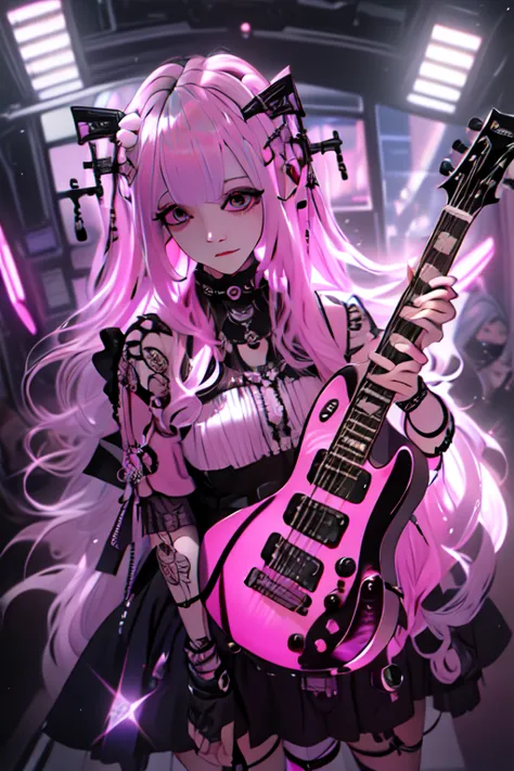 high quality picture, masterpiece, 4k. luminous, reality, pink bobbed hair, punk style dress, playing electric guitar, big eyes,...