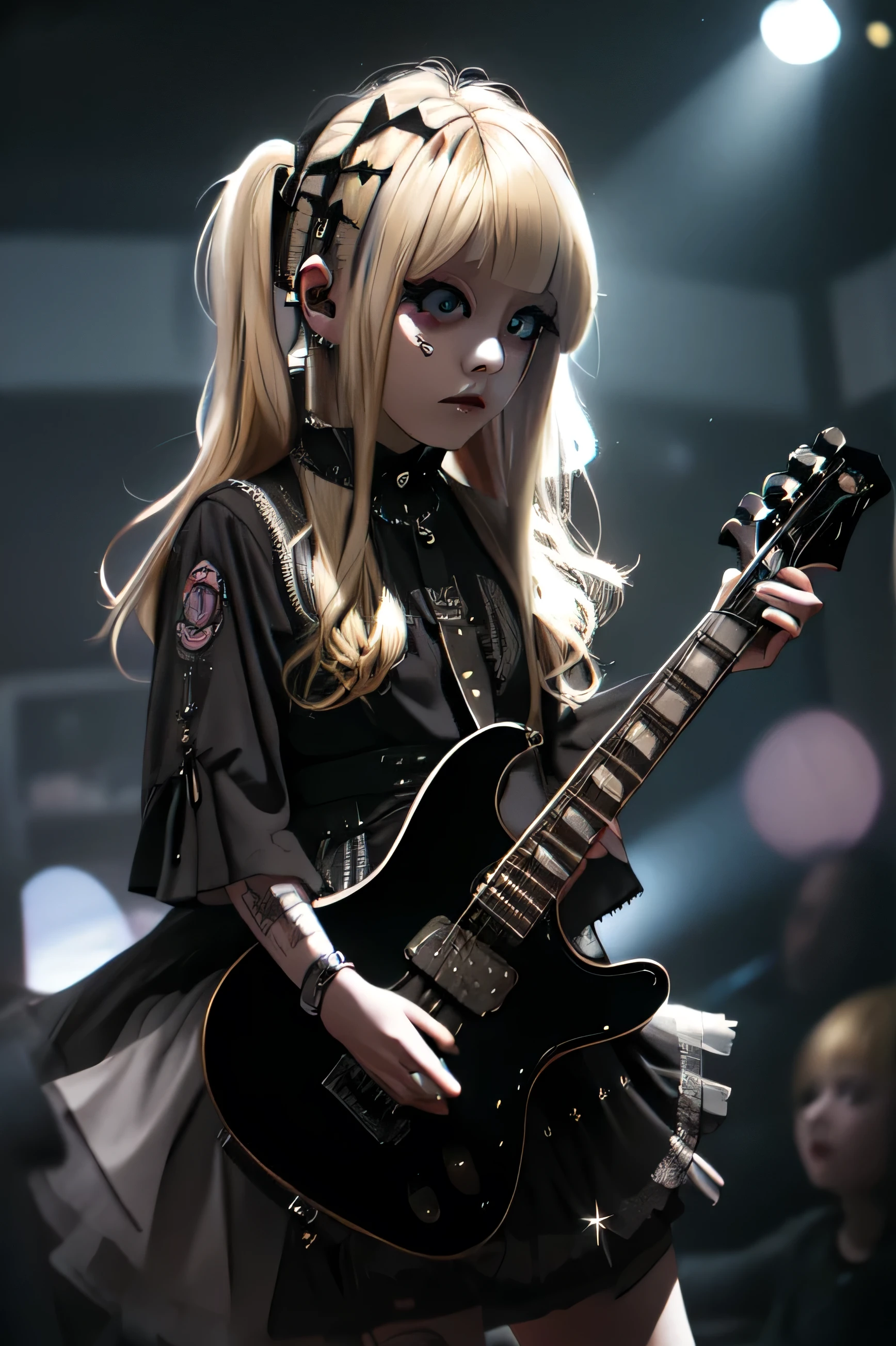 High quality picture, masterpiece, 4k. luminous, reality, blond bobbed hair, punk style gothicdress, playing electric guitar, big eyes, lame eyeshadow, on stage with spotlight