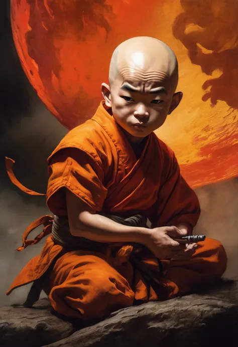 little shaolin monk krillin from dragon ball. in the style of stephen gammell, frank frazetta. ashley wood is a masterpiece. bes...