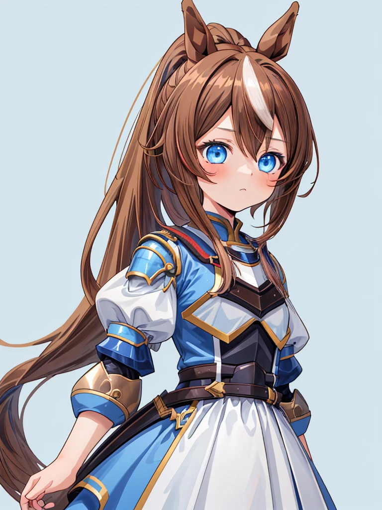 1girl,Tokai Teio, horse ears, horse girl, brown hair, long hair, high ponytail, streaked hair, multicolored hair, blue eyes, expressionless, upper body, mecha musume, knight armor, blue dress,